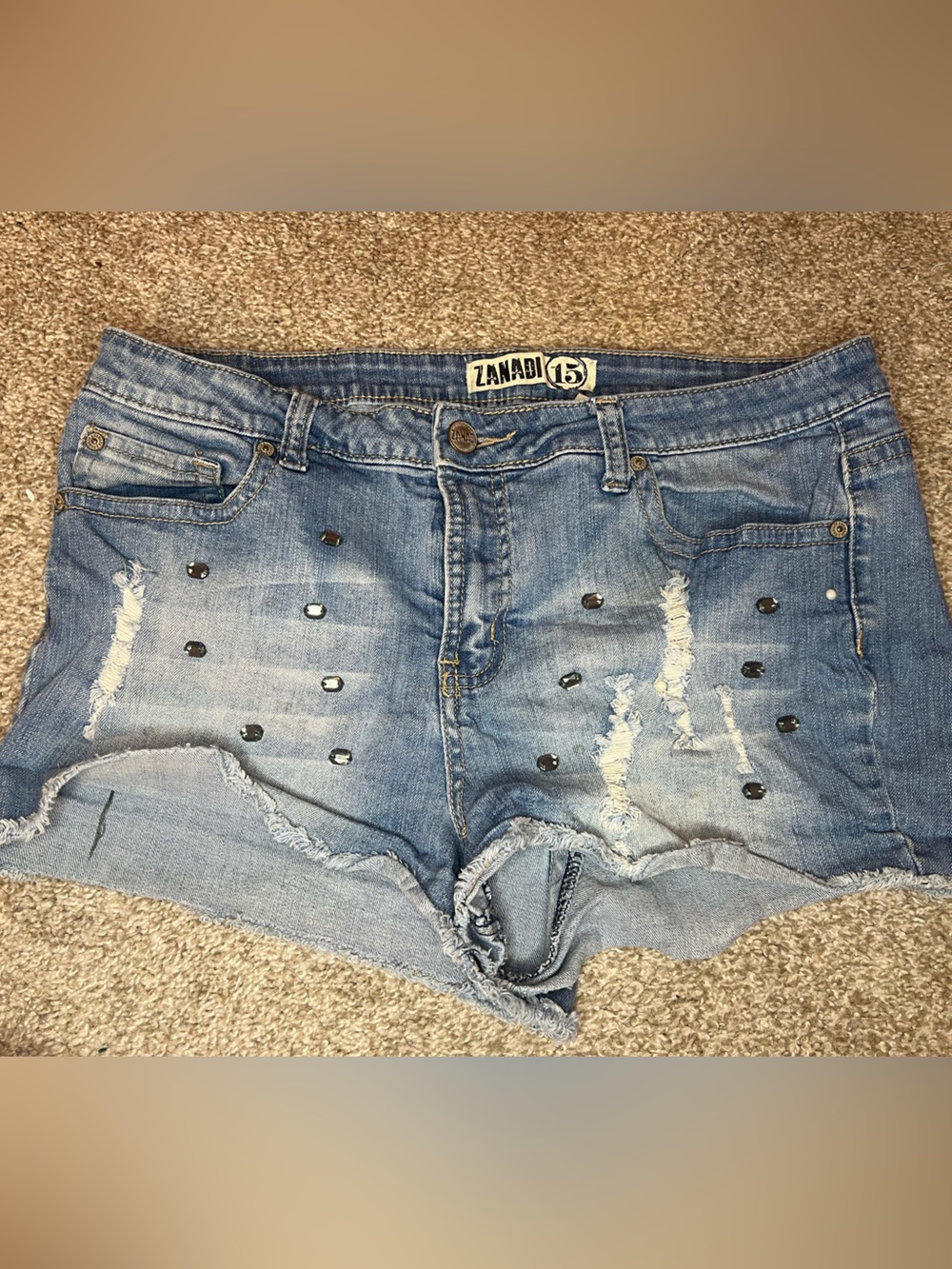 Zanadi Light Blue Denim Shorts with Embellished w Black Stud & Pearl Accents